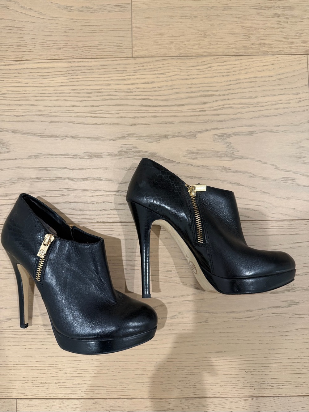 Michael Kors Women's Black Leather High Heel Booties with Gold Zipper